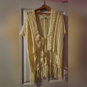 FAVLUX Yellow Crochet Cardigan with Fringe